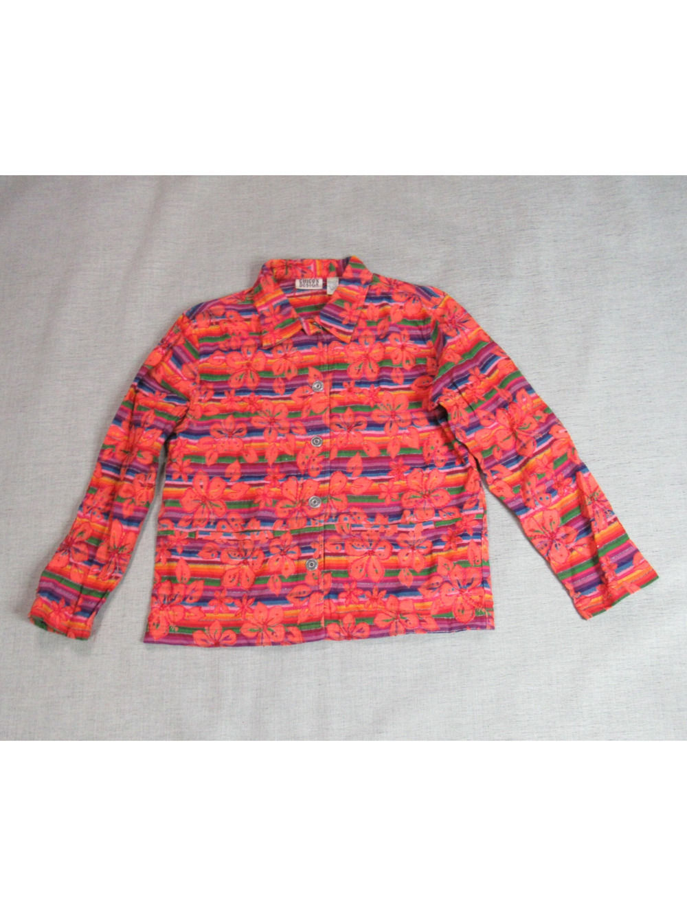 Chicos Jacket Womens Size 1 Orange Floral Woven Boho Button Blazer Beachy Retro